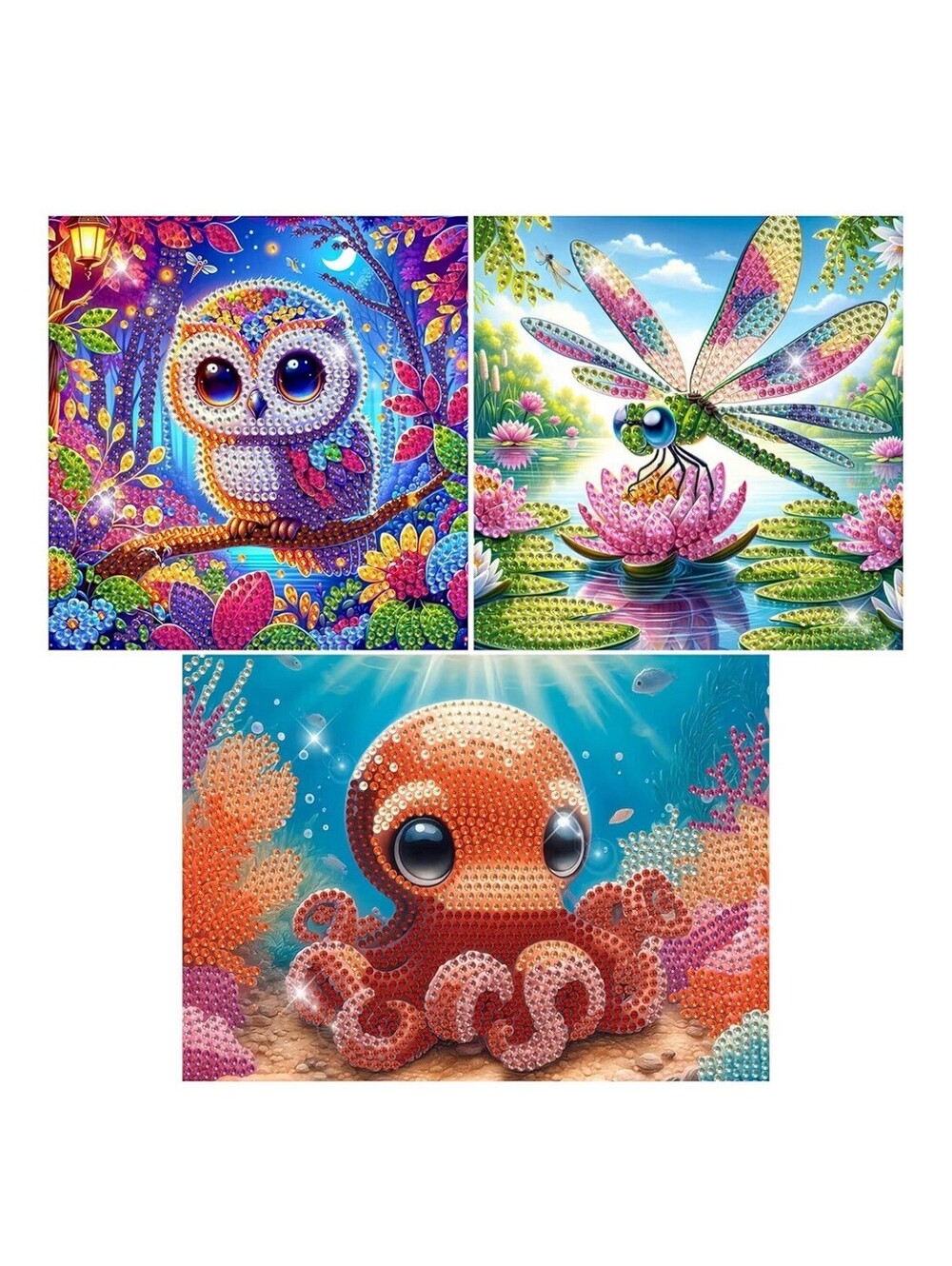 Diamond Art Painting Kit 3 pack octopus owl & dragonfly new